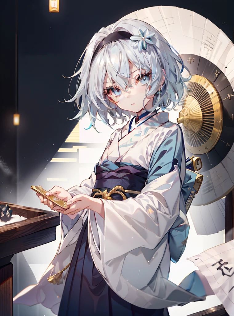 Empty silver,Empty silver Ryouou's work, (blue eyes:1.5), (short hair:silver 9,Green 1), (flat chest:1.2),upper body,black headband,black choker,whole body,break,White furisode kimono,black hakama,white foot bag,Zori sandals,Japanese inn,background(Japanese snow garden),happy atmosphere,Hold a fan with both hands to cover your mouth、太陽のまぶしさ
break (table top:1.2), highest quality, High resolution, unity 8k wallpaper, (figure:0.8), (detailed and beautiful eyes:1.6), highly detailed face, perfect lighting, Highly detailed CG, (perfect hands, perfect anatomy),