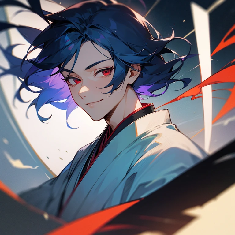 ultra detail,Haig Quality,sketch,1 boy,mature men,beautiful face,(dark blue hair,Outer hair:1.1),handsome man,pearl skin,New Year,Floral kimono,dynamic angle,Japan Anime red eyes,smile,dignified expression,city,male in his 20s