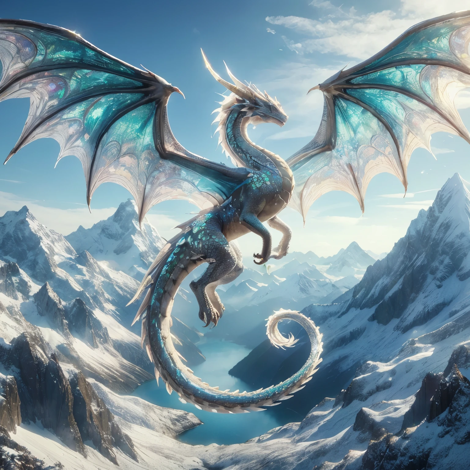 photo of a female dragon with opal scales, flying over a mountainous snowy landscape.