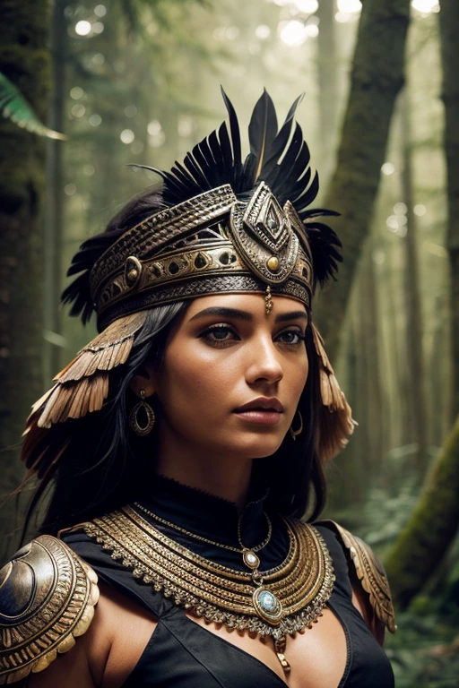 1 woman close up, Aztec armor, feather, dramatic lighting, perspective, complex background, depth of field, forest (photorealistic, realistic, Paolo Roversi)
