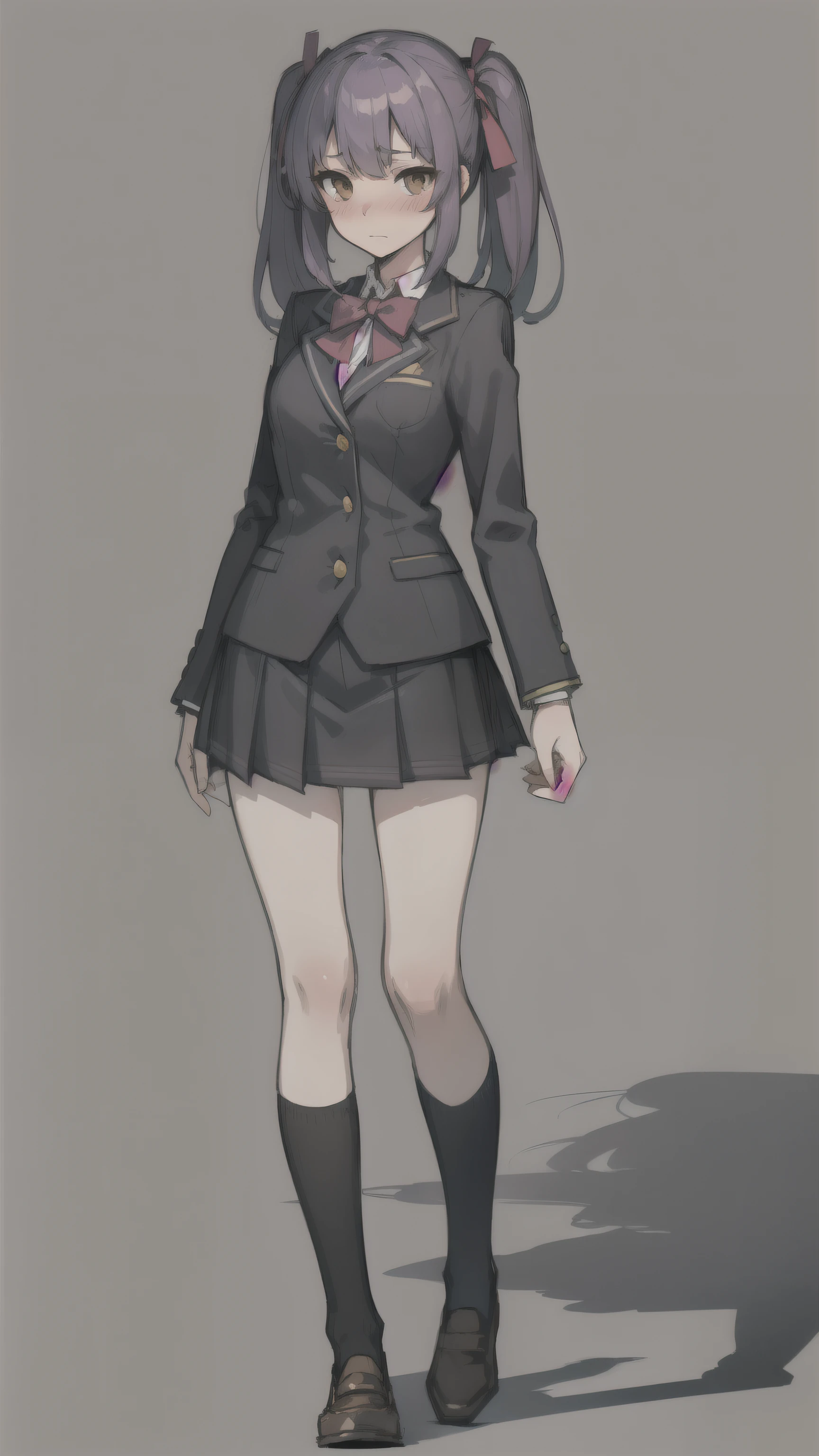 Ilustration for visual novel, hard outilene, soft shadows, shy girl, violet hair, brown eyes, school uniform, none background, sexy, hard blushing, pigtails hair (Game asset) ((Full body front view))