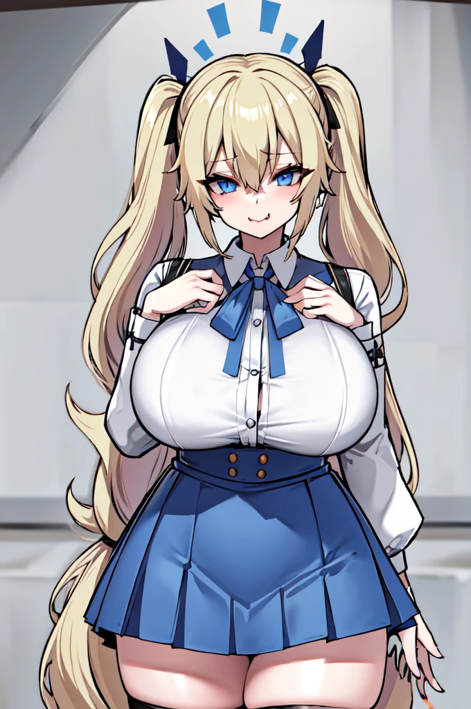 asanagi original lilith_bacon highres 1girl blonde_hair blue_eyes blue_skirt breasts buttons fang hair_ribbon huge_breasts long_hair looking_at_viewer nail_polish neck_ribbon open_mouth ribbon school_uniform shirt skindentation skirt smile solo tented_shirt thighhighs twintails very_long_hair white_shirt white_thighhighs
