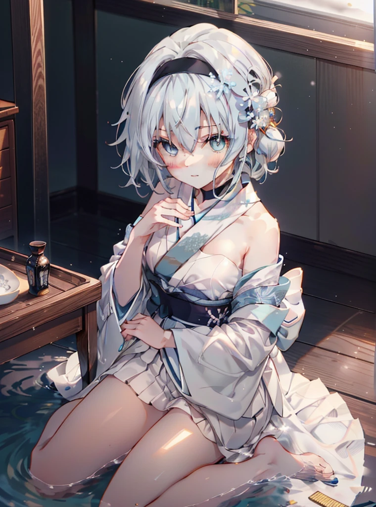 Empty silver,Empty silver Ryouou's work, (blue eyes:1.5), (short hair:silver 9,Green 1), (flat chest:1.2),upper body,black headband,black choker,whole body,break,White furisode kimono,black hakama,white foot bag,Zori sandals,Japanese inn,background(Japanese snow garden),happy atmosphere,blush、cute,smile,太陽のまぶしさ
break (table top:1.2), highest quality, High resolution, unity 8k wallpaper, (figure:0.8), (detailed and beautiful eyes:1.6), highly detailed face, perfect lighting, Highly detailed CG, (perfect hands, perfect anatomy),
