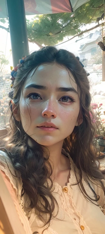 (RAW photo, best quality), (realistic, photo-realistic:1.3),best quality,highly detailed,masterpiece,ultra-detailed,illustration,1girl,upper_body,dynamic angle,world masterpiece theater,messy_long_hair,best quality,extremely detailed CG unity 8k wallpaper,ink,Amazing,cinematic lighting,lens_flare, dunhuang_style