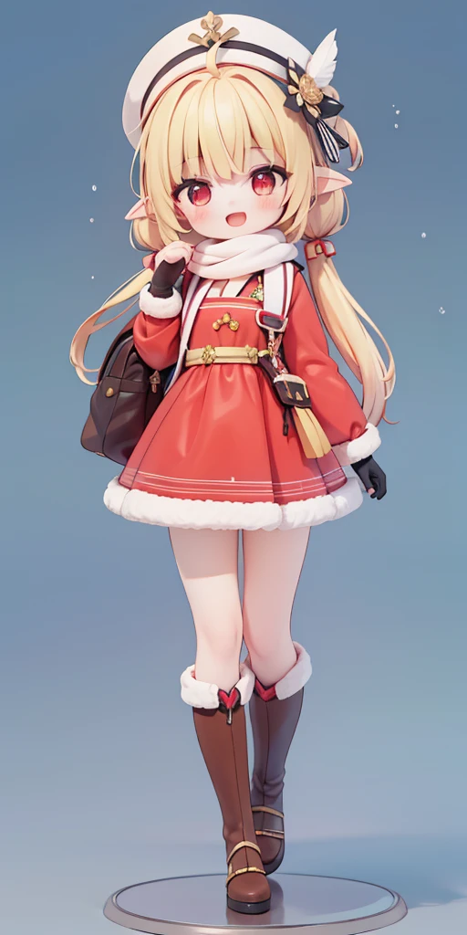 Full body photo,Extremely detailed CG unified 8K wallpaper, very fine 8KCG wallpaper, absurderes,Lori ,Best quality ,ultra - detailed ,Beautiful face ,tmasterpiece、tmasterpiece, top-quality, 1girl in, The girl stood up、masutepiece, Best quality, 1girl in, blasts, Clover (genshinimpact), Hat, Solo, Long boots, mitts, red headgear, Smile, Open mouth, Backpack, bag, view the viewer, Arms spread wide, double tails, dress, Long hair, hat feather, brownfootwear, Long sleeves, Red dress, kneeboots, bangs, ahoge, pointy ears, Red eyes, :D, Blonde hair, cabbie hat, Sox, Low Twin Tails, hair between eye, kneehigh, feater, brown gauntlets, Dodor (genshinimpact), White feathers, Upper teeth only, tusks, side locks, A school bag, Scarf,3Drenderingof,oc rendered,Bubble Matt,a blind box toy