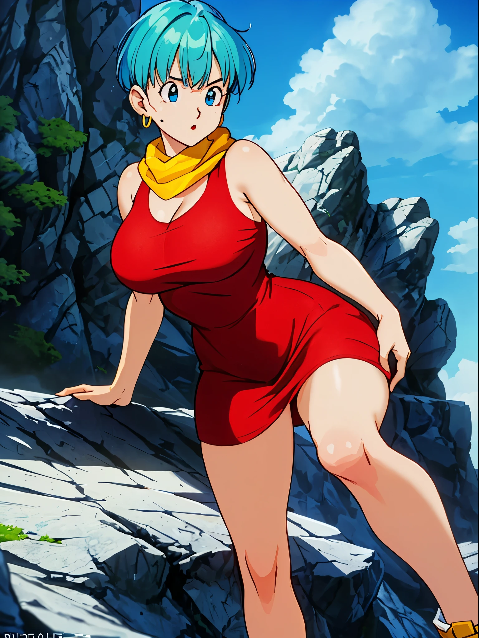 Masterpiece, Best quality, Highest quality, (Perfect lighting), (Photorealistic), Perfect anatomy, Perfect face, Perfect eyes, 
 bulmadbzreddress, aquamarine hair, Short hair, Blue eyes, Earrings, Red dress, Yellow scarf, Blue sky, Clouds, on a cliff looking at a city, (BishoujoMom: 1.5), very tight red dress, legs that open, ((Huge breasts, cleavage))), ((Thick thighs, Hourglass figure)), (Topless), 1.5) ((thick and red lips), ((Blue eyes)), ((aquamarine hair)) Photorealistic, Photo, Masterpiece, Realistic, Realism,  Photorealism, Photorealism, High contrast, photorealistic digital art trend on Artstation 8k HD HD realistic detailed, Detailed, Skin texture, ultra - detailed, Realistic skin texture, Best quality, 超高分辨率 (Photorealistic: 1.4), high resolution, Detailed, RAW photo, Sharp Re, author：Lee Jeffreys Nikon D850 Film Stock Photography 4 Kodak Portra 400 Camera F1.6 lens rich colors realistic texture hyper-realistic dramatic lighting unrealEngine trend in ArtStation CineStill 800,