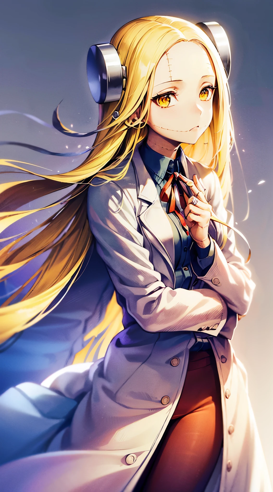 Madaraki_Fran,young woman, ((((wearing a white lab coat)))),((serious)), long hair , yellow hair,seams , Scars on the body , (Points Forward),(((пелец Points Forward))),speaks to a person