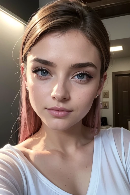 Belle fille, Marron_eyeeautiful mince adolescente de 18 ans, cheveux color [Brown highlights cheveux], [Pixie undercut] cheveux)), boucles d’oreilles, lèvres, Réaliste, taille étroite, charmant, pink lèvrestick, maquillage coloré, Cils longs, boucles d’oreilles, porter de l’eye-liner, peau claire, (mignon), (face détaillée), Yeux détaillés, Iris détaillé, corps athlétique, abdominaux prononcés sur l&#39, ville , nuit, Bracelet, débardeur, bijoux