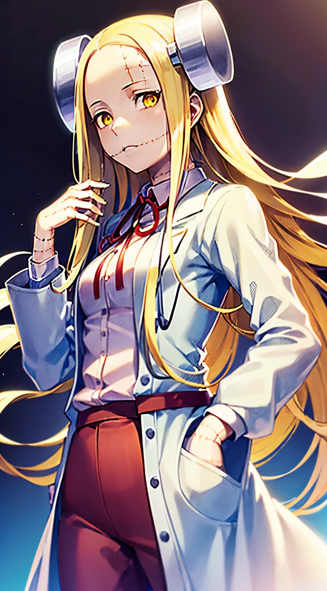 Madaraki_Fran,young woman, ((((wearing a white lab coat)))),((serious)), long hair , yellow hair,seams , Scars on the body , (Points Forward),(((пелец Points Forward))),speaks to a person