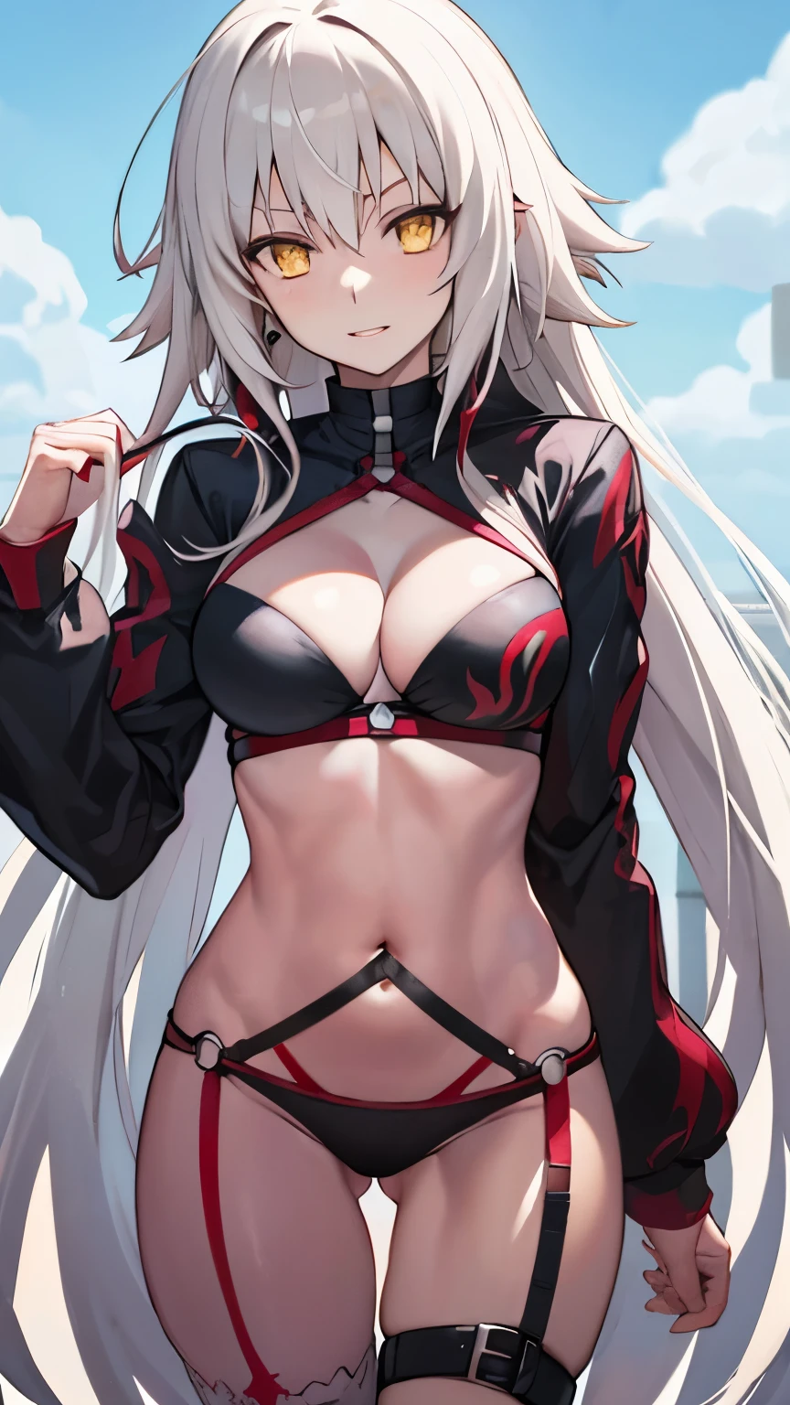 summer_jalter, yellow_eyes, long hair, ,   single thighhigh, white hair, thigh strap,  bikini, 1girl, solo, closeup