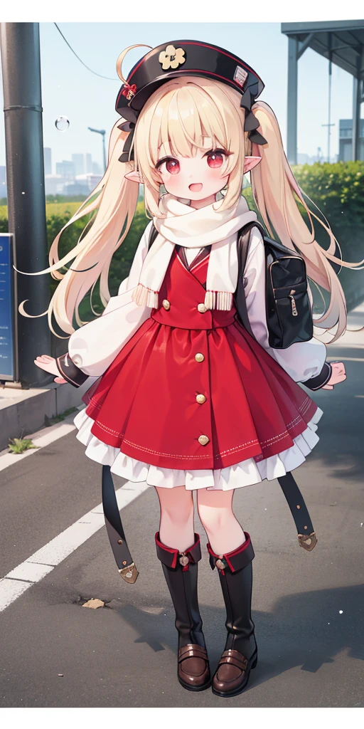 Full body photo,Extremely detailed CG unified 8K wallpaper, very fine 8KCG wallpaper, absurderes,Lori ,Best quality ,ultra - detailed ,Beautiful face ,tmasterpiece、tmasterpiece, top-quality, 1girl in, The girl stood up、masutepiece, Best quality, 1girl in, blasts, Clover (genshinimpact), Hat, Solo, Long boots, mitts, red headgear, Smile, Open mouth, Backpack, bag, view the viewer, Arms spread wide, double tails, dress, Long hair, hat feather, brownfootwear, Long sleeves, Red dress, kneeboots, bangs, ahoge, pointy ears, Red eyes, :D, Blonde hair, cabbie hat, Sox, Low Twin Tails, hair between eye, kneehigh, feater, brown gauntlets, Dodor (genshinimpact), White feathers, Upper teeth only, tusks, side locks, A school bag, Scarf,3Drenderingof,oc rendered,Bubble Matt,a blind box toy