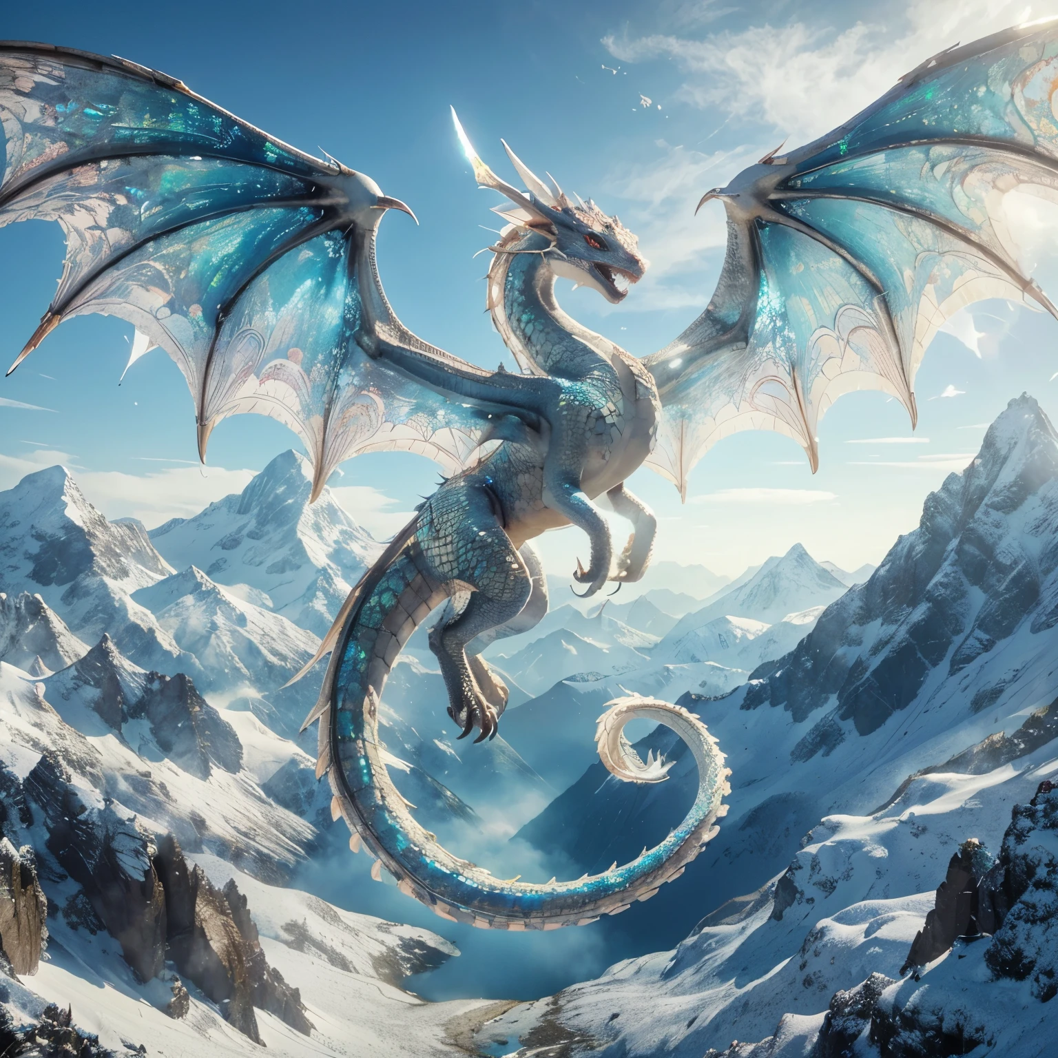 photo of a female dragon with opal scales and blue eyes, flying over a mountainous snowy landscape.