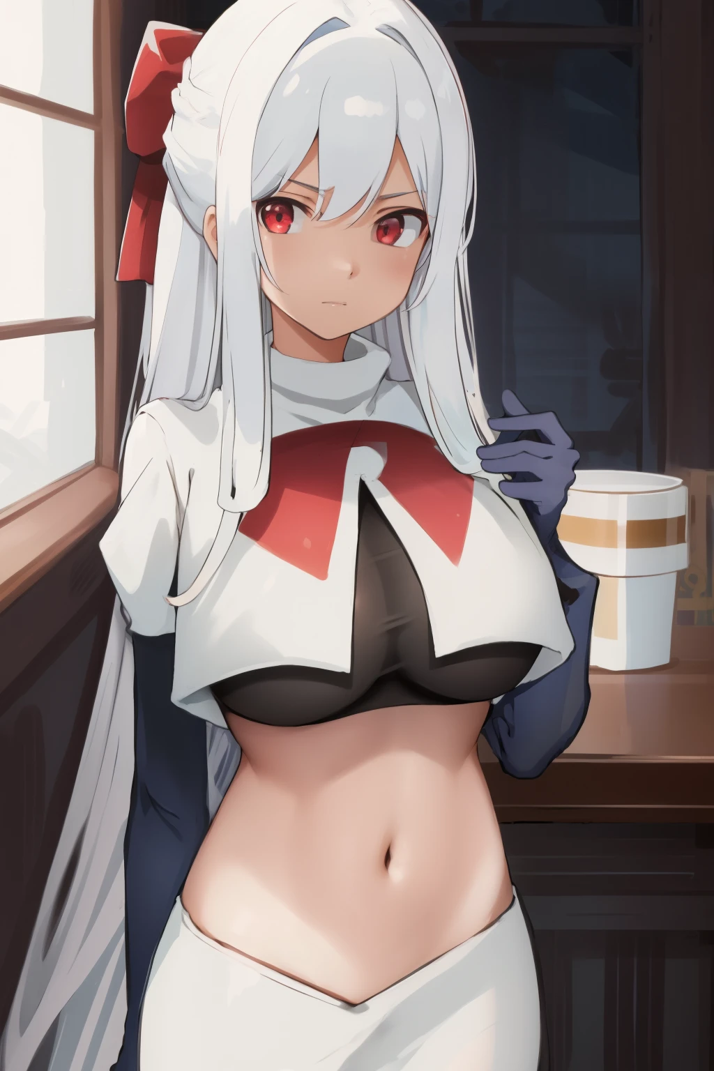 é¿è±å
西äºÂ·ç±³å¾·åå°,1girl,solo,long hair,white hair,sidelocks,very long hair,bangs,twintails,hair ornament,red eyes,black bow,hair bow,parted bangs,two side up,
large breasts, Exquisite visuals, high-definition,masterpiece,best quality,expressive eyes,
looking at viewer,
highres, absurdres,team rocket,team rocket uniform,white skirt,red letter R,crop top,black thigh-highs,black elbow gloves