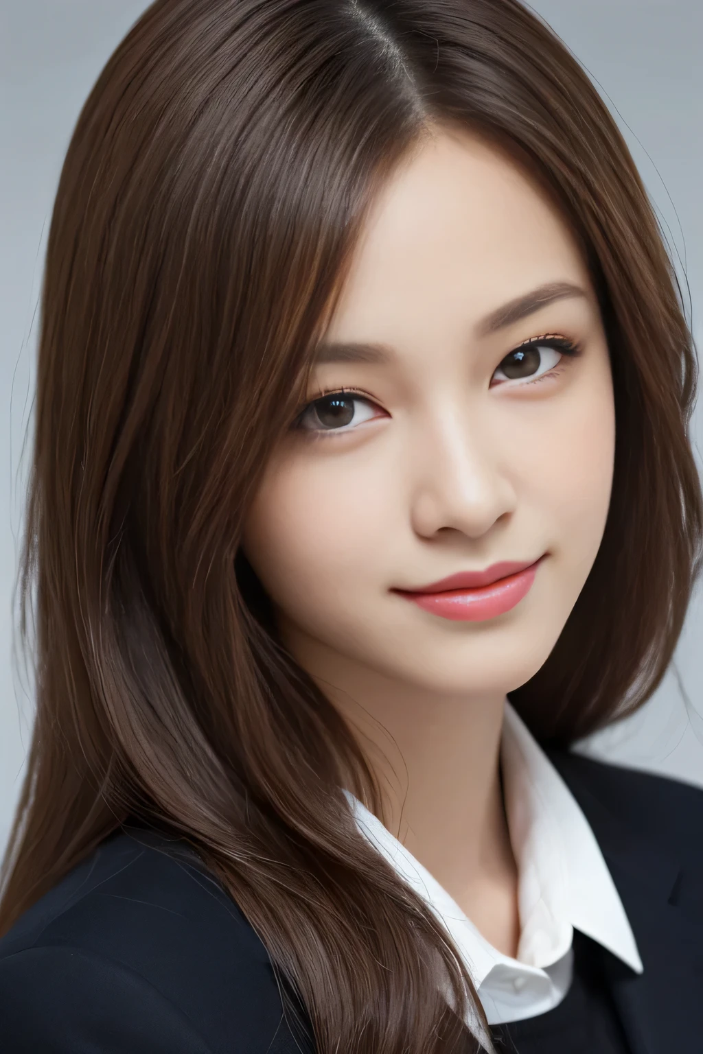 pieces fly, highest quality, realistic, Super detailed, finely, High resolution, 8K Dende Wallpaper, 1 beautiful woman,, light brown messy hair, wearing a business suit, sharp focus, perfect dynamic composition, beautiful and detailed eyes, fine hair, Detailed realistic skin texture, smile, close-up portrait, model body shape