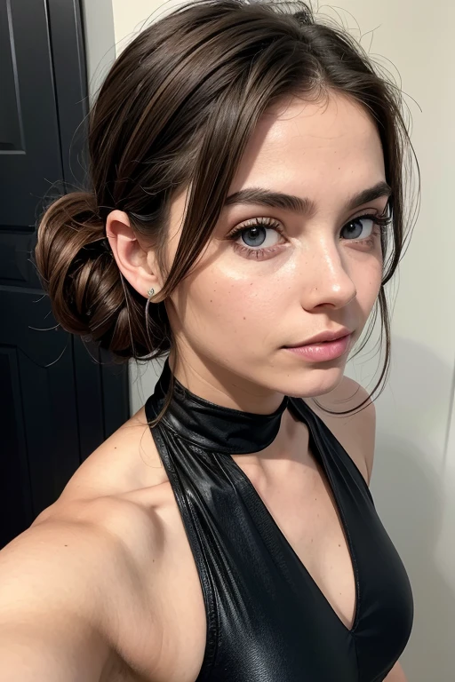 Belle fille, Marron_eyeeautiful mince adolescente de 18 ans, cheveux color [Brown highlights cheveux], [Pixie undercut] cheveux)), boucles d’oreilles, lèvres, Réaliste, taille étroite, charmant, pink lèvrestick, maquillage coloré, Cils longs, boucles d’oreilles, porter de l’eye-liner, peau claire, (mignon), (face détaillée), Yeux détaillés, Iris détaillé, corps athlétique, abdominaux prononcés sur l', ville , nuit, Bracelet, débardeur, bijoux, robe bleu clair