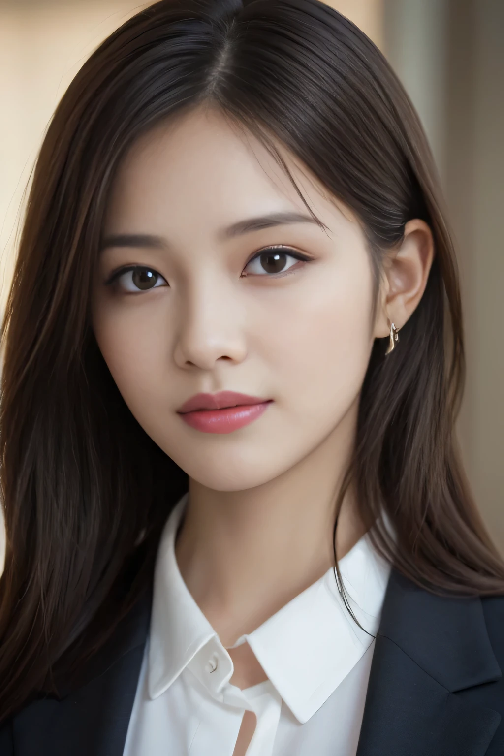 pieces fly, highest quality, realistic, Super detailed, finely, High resolution, 8K Dende Wallpaper, 1 beautiful woman,, light brown messy hair, wearing a business suit, sharp focus, perfect dynamic composition, beautiful and detailed eyes, fine hair, Detailed realistic skin texture, smile, close-up portrait, model body shape
