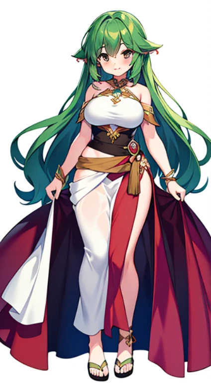 (Masterpiece, best quality, official art, 8K), ultra-detailed, a cartoon image of a Sky Blue Skinned female Djinn with blue hair and a chain around her neck, Human Hybrid Djinn, (((((Her sky blue skin))))), skin genie girl sky blue, alone, Krenz Cushart and Artgerm, aesthetics!!!!!!, female genius, she is huge, beautiful girl genius, a celestial appearance, eyes are large and expressive, ((deep blue eyes)), exotic eyes, long blue hair, wavy and flowing, wears an exotic outfit, ((She wears a white top adorned with sparkling jewels, her skirt is long and flowing, made of lightweight silk, with layers that move gracefully with each step)), the skirt is decorated with intricate embroidery in silver and gold, waist sash decorated with precious stones, artgerm style, Water Elemental Woman, Goddess Inanna, The Greek goddess Afrotita, aesthetic!!!!!!, (1 Female Genie Djinn), (Big Breasts), Beautiful Genie, Evil Goddess, Djinn Character, (Detailed Body), mega detailed sensual body, perfect goddess body, Cuffs with Hanging Chains, Colorful Concept Art, Spiritual Fantasy Concept Art, female genie, blue hair, Sky blue skin, Djinn girl, wearing white top, wearing skirt, (Sky Blue Skinned Elf-Djinn).
