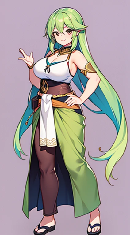 female, character design, earth color outfit, fantasy, white background, sarong, standing, full body,