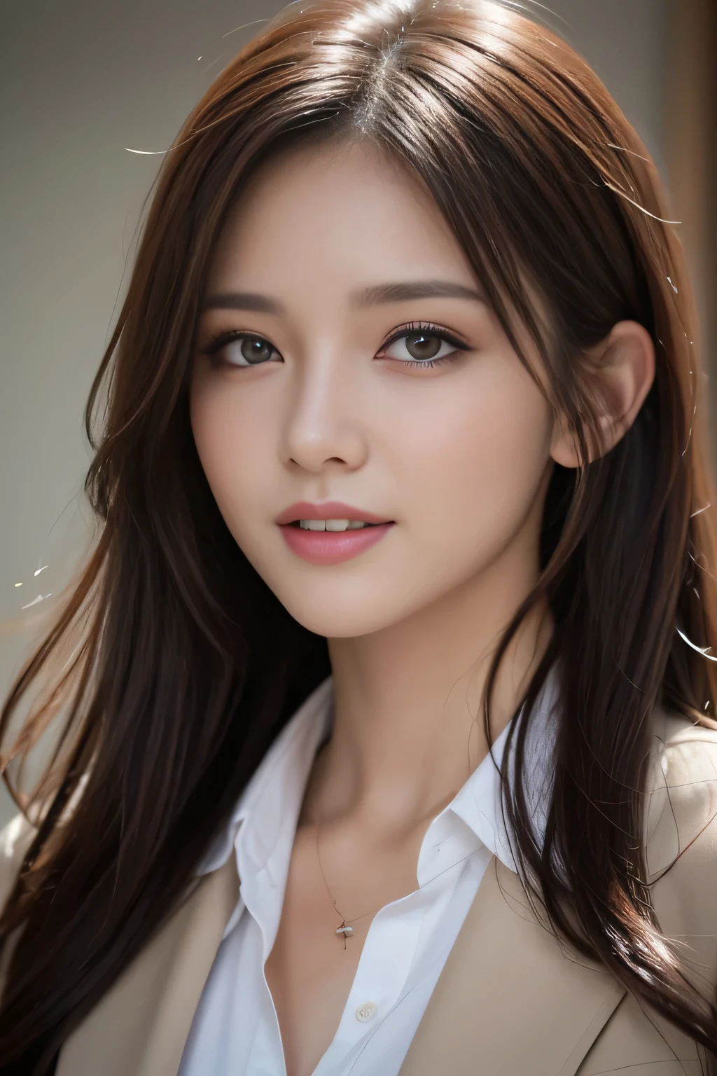 pieces fly, highest quality, realistic, Super detailed, finely, High resolution, 8K Dende Wallpaper, 1 beautiful woman,, light brown messy hair, wearing a business suit, sharp focus, perfect dynamic composition, beautiful and detailed eyes, fine hair, Detailed realistic skin texture, smile, close-up portrait, model body shape