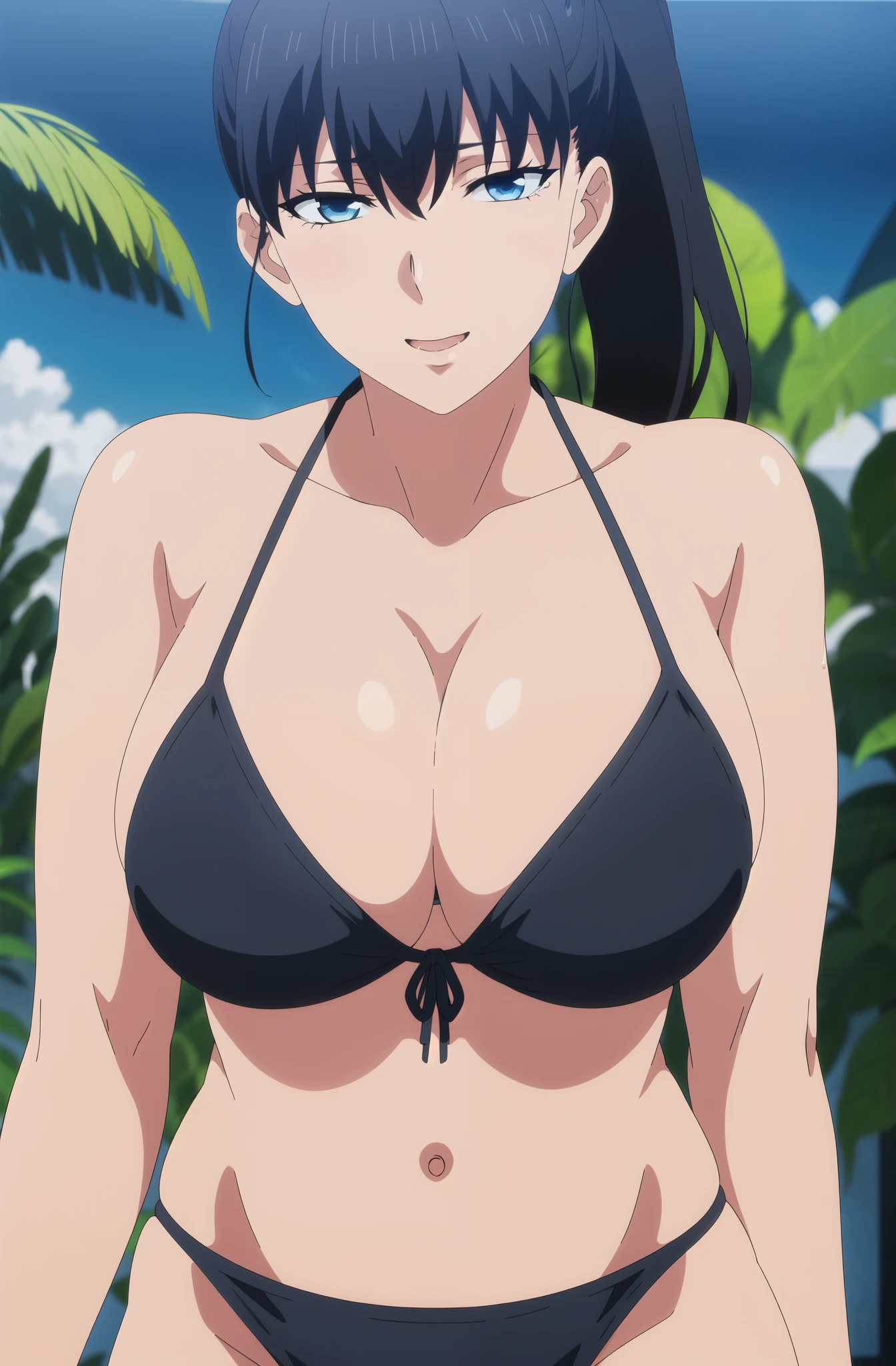 best quality, ultra high resolution, professional artwork, ultra detailed, HD, beautiful tall and mature around 24-28 years old white woman, with black_hair, ponytail, Bangs,blue_eyes, long hair, wearing a micro black bikini with no sleeves, collarbone, swimsuit, bikini, armor, skindentation, black bikini, huge breasts: 1.uffy, wide hip, breasts are protruding, , jungle Woman, wide hips, seductive and sexy, beautiful embarrassed face with a affectionate look and, thick thighs, detailed ultra oily-shiny skin, daytime, Standing in a lush and mysterious jungle, a superhero pose while still being sexy and cheerful, cowboy shot, close up, Looking at the Viewer, detailed face, detailed brown eyes, detailed hair, , alone, solo, 1 girl, portrait upper body,
