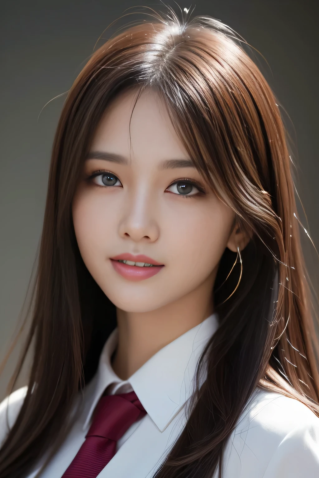 pieces fly, highest quality, realistic, Super detailed, finely, High resolution, 8K Dende Wallpaper, 1 beautiful woman,, light brown messy hair, wearing a business suit, sharp focus, perfect dynamic composition, beautiful and detailed eyes, fine hair, Detailed realistic skin texture, smile, close-up portrait, model body shape