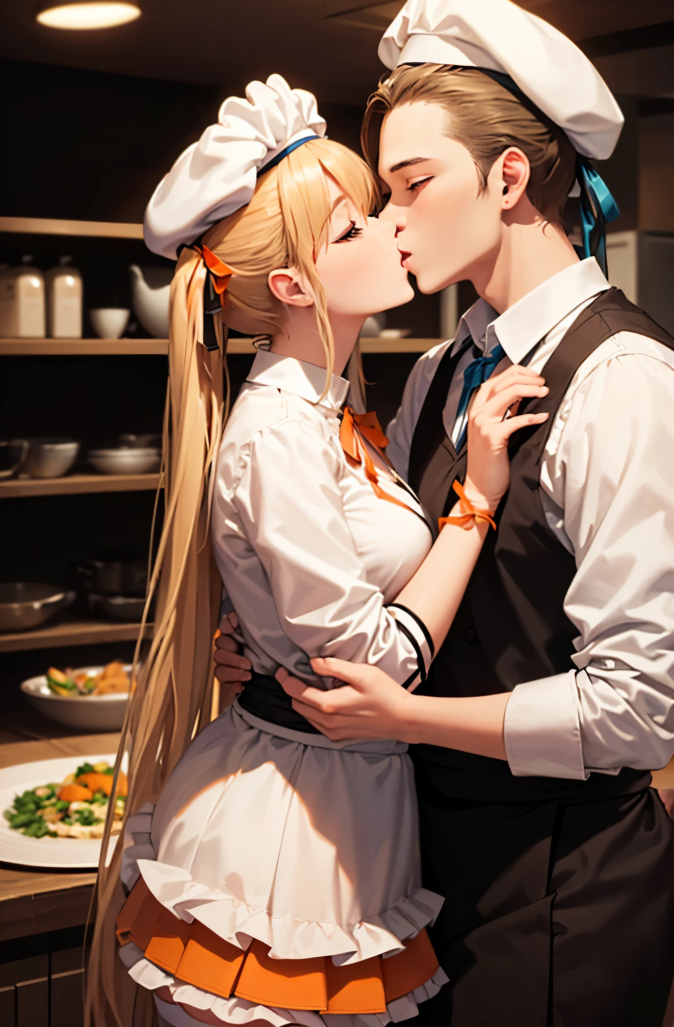 (muste piece:1.5)、(highest quality:1.5)、(16k wallpaper:1.2)、(photorealistic:1.2)、(Super detailed:1.2)、(ultra high resolution:1.2)、(Highly detailed and realistic skin:1.2)、(Very detailed and clean sharp eyes:1.2)、(Full Orange High Waist Ruffle Layered Mini Skirt:1.6)、(the skirt is widening)、(orange ribbon on shirt:1.6)、(orange waitress costume:1.2)、(cool male chef:1.5)、(Couple having a deep kiss:1.5)、(love juice:1.2)、(In the kitchen of a family restaurant with many chefs.:1.2)、beautiful sunlight from the window、(woman with slender figure:1.2)、(beautiful 18 year old woman:1.2)、beautiful eyeliner、eye shadow、natural color lip、(Long blonde twintails that cover one eye:1.3)、chest is medium、(closing both eyes)、The best smile with an open mouth、(pure white collared long sleeve shirt:1.2)、(pure white knee high socks:1.4)、(white beret:1.3)、(heavy breathing:1.3)