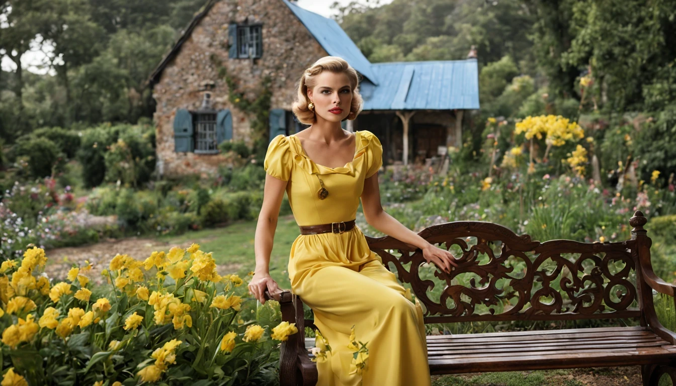 There is a pretty girl "Grace Kelly", em um vestido amarelo longo e detalhado, num Jardim de borboletas, canteiro florido com cogumelos e vinhas crescidas, caminho curvo de pedra que leva a um ((eccentric aged cottage with porch rocking bench)), ((Noite)), parede de fundo ao longo do horizonte com vinhas subindo, alto ((velho salgueiro com flores e vinhas caindo)), HIPER REALISTA, 4K rendering, realismo, alta qualidade, super realista, country house core
