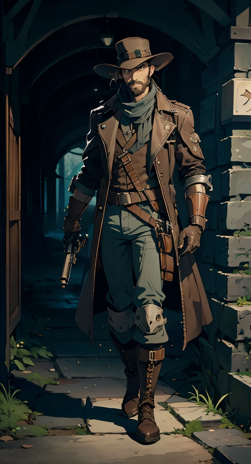Masterpiece, best quality, (forest), isolated (old cultist ruins), steampunk, 1_man, handsome, full body, looking away from camera, intrigued expression, (smirk on face), black hair, medium hair length, blue eyes, scruffy beard, wearing leather body armor, dark brown trench coat, black wide-brimmed hat, black gloves, one robotic arm, holding colt revolver, blue bandit scarf around neck, knee pads, tall leather boots, gears, belts,