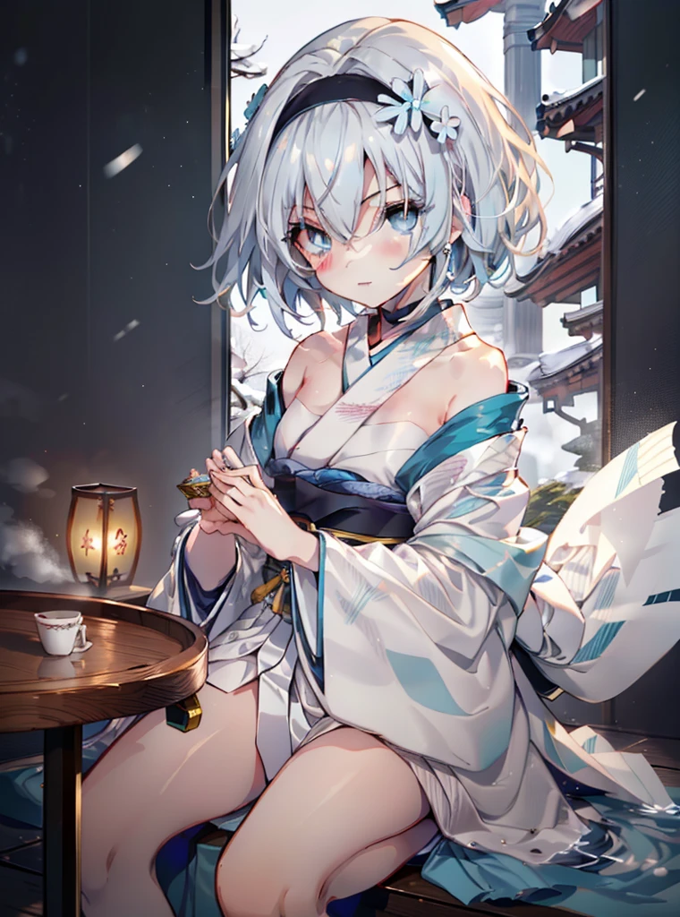 Empty silver,Empty silver Ryouou's work, (blue eyes:1.5), (short hair:silver 9,Green 1), (flat chest:1.2),upper body,black headband,black choker,whole body,break,White furisode kimono,black hakama,white foot bag,Zori sandals,Japanese inn,background(Japanese snow garden),happy atmosphere,blush、cute,smile,太陽のまぶしさ
break (table top:1.2), highest quality, High resolution, unity 8k wallpaper, (figure:0.8), (detailed and beautiful eyes:1.6), highly detailed face, perfect lighting, Highly detailed CG, (perfect hands, perfect anatomy),