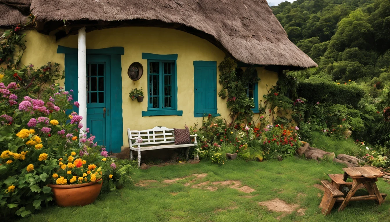 There is a pretty girl "Claire Forlan", em um vestido amarelo longo e detalhado, num Jardim de borboletas, canteiro florido com cogumelos e vinhas crescidas, caminho curvo de pedra que leva a um ((eccentric aged cottage with porch rocking bench)), ((Noite)), parede de fundo ao longo do horizonte com vinhas subindo, alto ((velho salgueiro com flores e vinhas caindo)), HIPER REALISTA, 4K rendering, realismo, alta qualidade, super realista, country house core