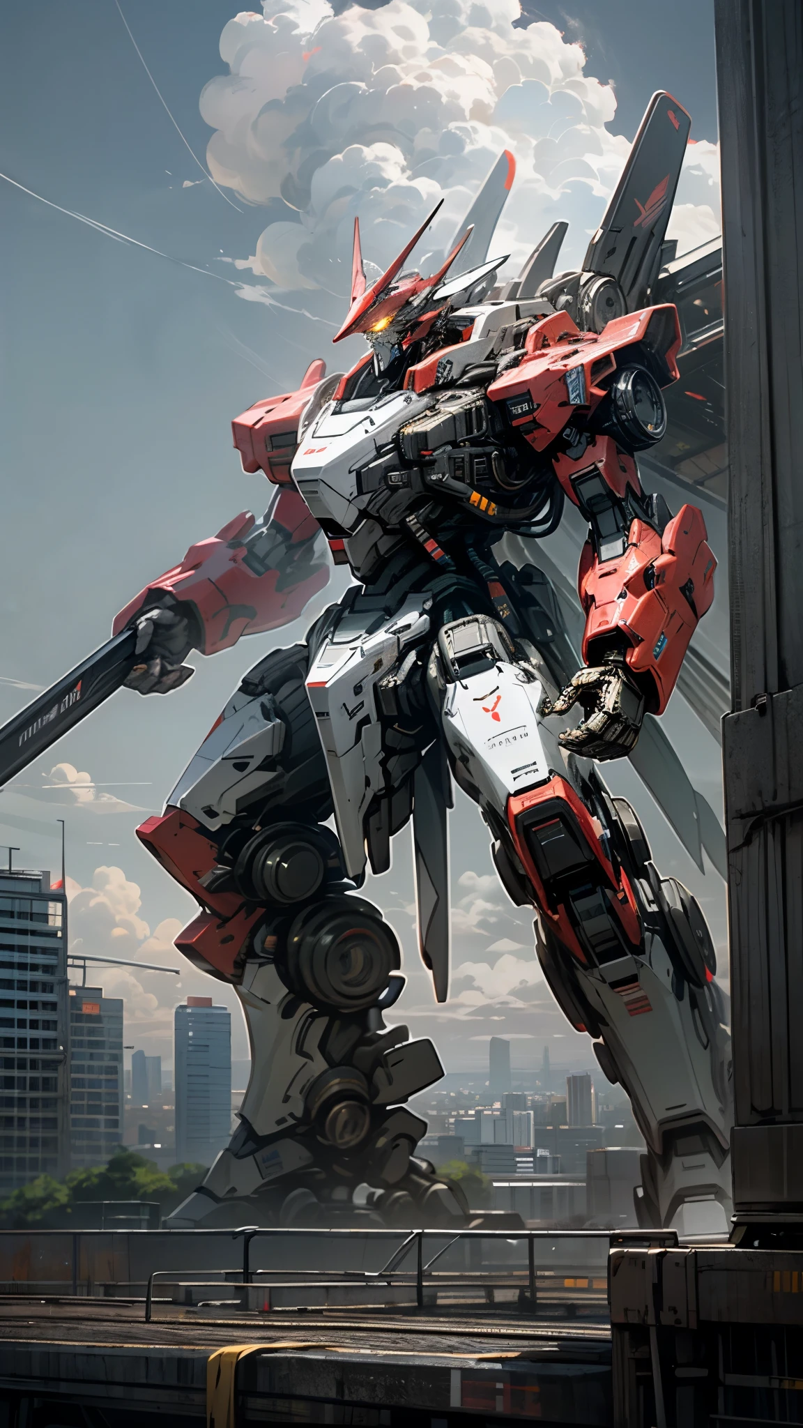 sky, cloud, holding_weapon, no_humans, glowing, , robot, building, glowing_eyes, mecha, science_fiction, city, realistic,mecha