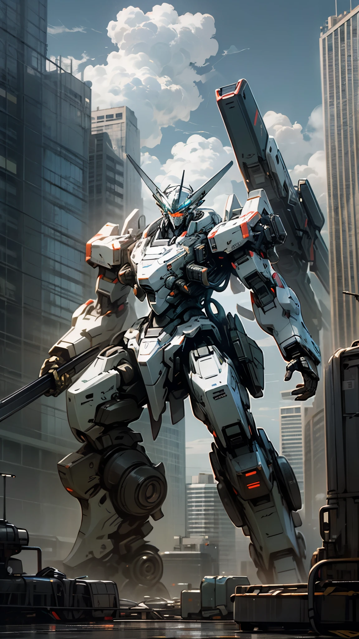 sky, cloud, holding_weapon, no_humans, glowing, , robot, building, glowing_eyes, mecha, science_fiction, city, realistic,mecha