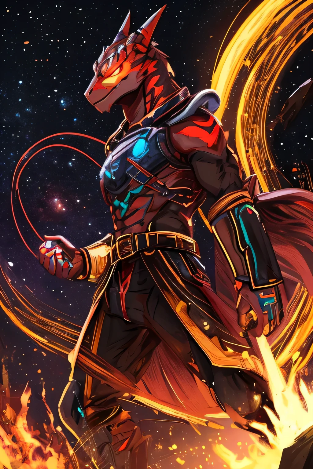 masterpiece, best quality, perfect anatomy, (detailed eyes:1.2), (Red Raptor), male, solo, cables as tenacles from back, glowing eyes, floating in air, digital_space, binary, glitchy, glitch creature, liquid, detailed background, Evil, Mischief, kemono, solo, made of glitch, void creature, no_buildings