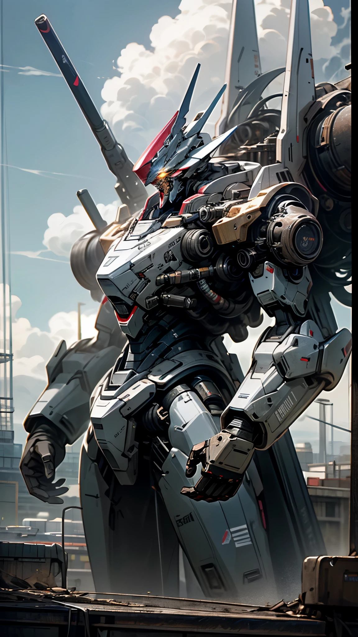(UHD, retina, masterpiece, accurate, anatomically correct, textured skin, super detail, high details, high quality, best quality, high res, 1080P, HD, 4K, 8k, 16k), sky, cloud, holding weapon, no humans, glowing, robot, building, glowing eyes, mecha, science fiction, city, realistic mecha,