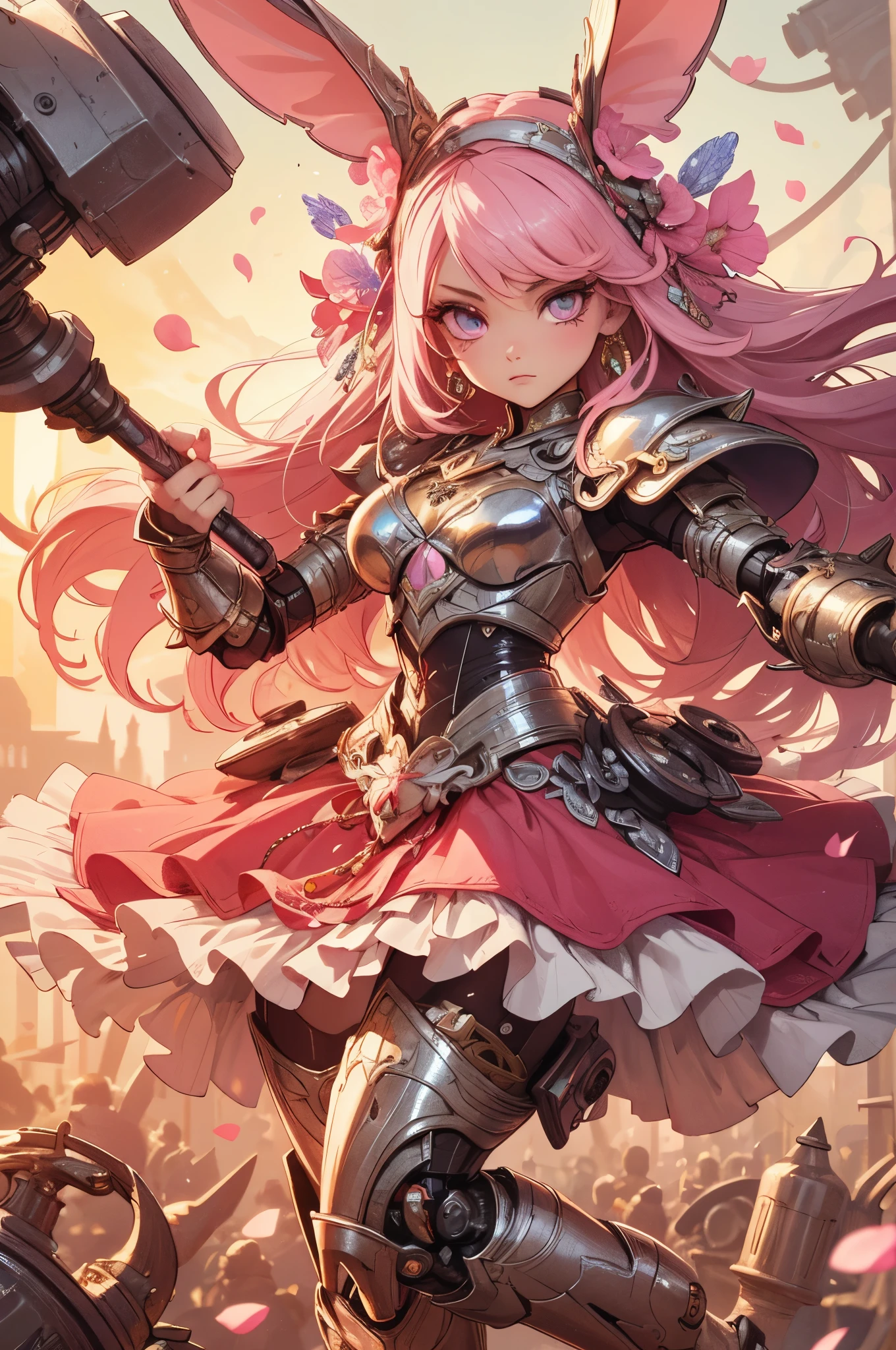 (detailed illustrations,Very detailed and precise drawing,Delicate drawn lines with tempo,Realistic texture expression),[color traced main line],(fantasy world battlefield [burning castle]),(GIRL ROBOT  (pink rabbit [METALFACE[lenticular iris]])) [WEAPON MACHINE],(([petal] metal dress [frills]) [flower pattern] [Clear pink translucent armor that covers the body surface]) [ribbon]) [Energy tubes that glow at the joints],[use a sledgehammer as a weapon],[[Mobile Weapon Gigant Size][science fiction mechanical]],(Metallic luster on metal parts),(intricate and beautiful decoration [Dense detail]),(Precisely drawn face)[perfect eye details(Beautifully detailed iris)[eyes like jewels]],[long and beautiful eyelashes],[precisely drawn hair [Beautiful and shiny hair details]],(perfect hand details [Beautiful fingers with no damage [beautiful nails]]),(perfect anatomy(perfectly balanced proportions))[[full body portrait]],[ideal color coordination(Accurate simulation of light and material interactions)],[Visual art that tells a story].