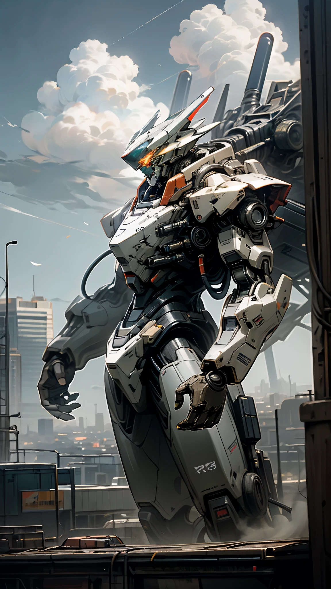 (UHD, retina, masterpiece, accurate, anatomically correct, textured skin, super detail, high details, high quality, best quality, high res, 1080P, HD, 4K, 8k, 16k), sky, cloud, holding_weapon, no_humans, glowing, robot, building, glowing_eyes, mecha, science_fiction, city, realistic_mecha,