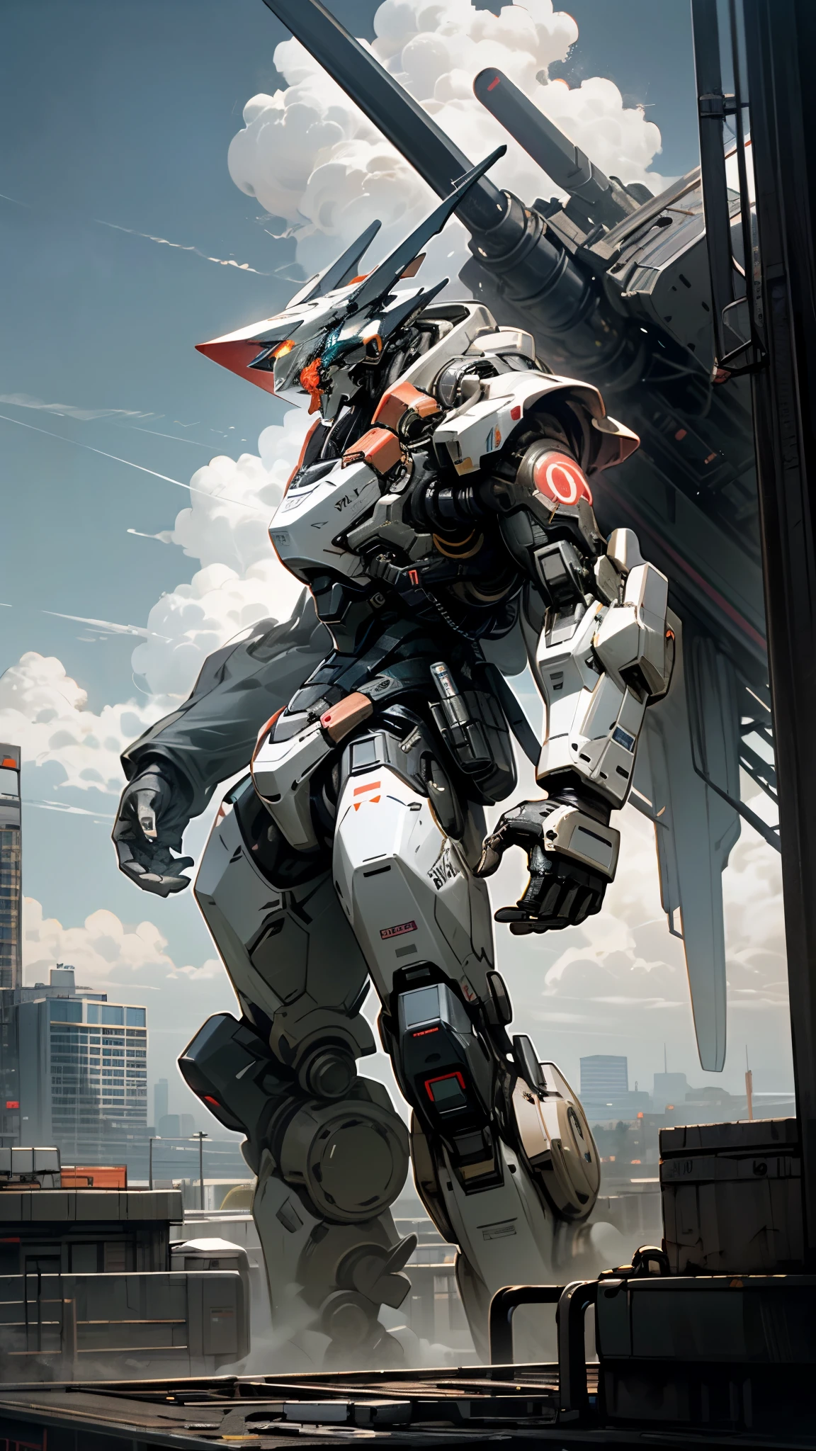 (UHD, retina, masterpiece, accurate, anatomically correct, textured skin, super detail, high details, high quality, best quality, high res, 1080P, HD, 4K, 8k, 16k), sky, cloud, holding_weapon, no_humans, glowing, robot, building, glowing_eyes, mecha, science_fiction, city, realistic_mecha,