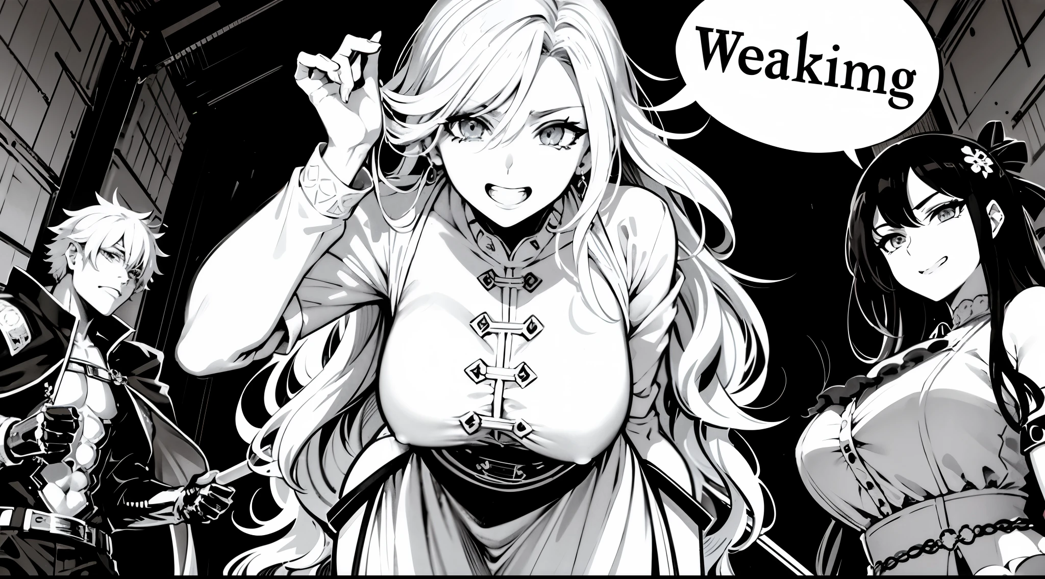 um desenho animado de uma mulher com uma espada e um homem com uma espada, black and white manga panel, black and white manga style, detailed manga style, black and white manga page, isekai manga panel, close de estilo de gesto pesado, award-winning manga style, black and white manga comic, black and white manga, sombreamento legal, stunning manga art style, sombreamento pesado
