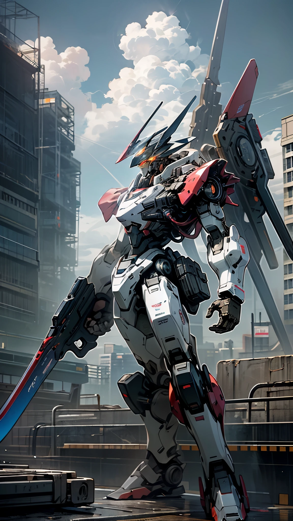 (UHD, retina, masterpiece, accurate, anatomically correct, textured skin, super detail, high details, high quality, best quality, high res, 1080P, HD, 4K, 8k, 16k), (glowing, robot, mecha, glowing_eyes, realistic_mecha, science_fiction), (sky, cloud, city, building, no_humans), (holding_weapon, front_view),