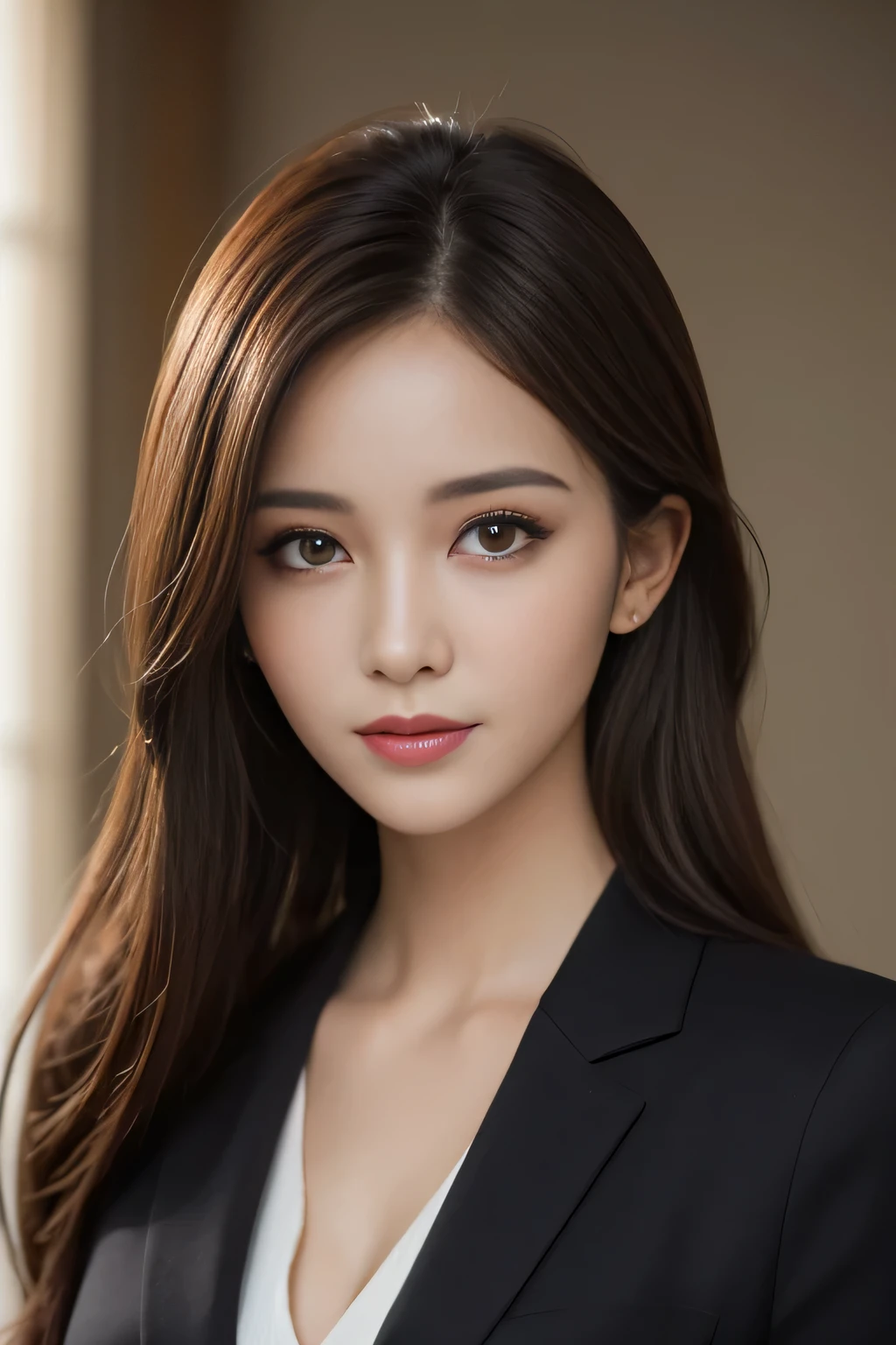 A woman in a black suit and white shirt posing for a picture - SeaArt AI