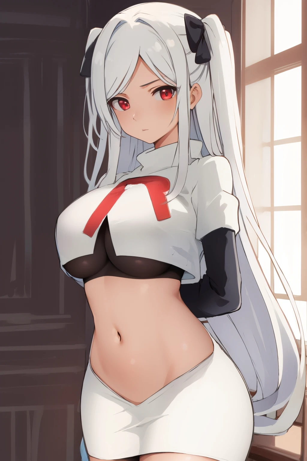 
é¿è±åè¥¿äºÂ·ç±³å¾·åå°,1girl,solo,long hair,white hair,sidelocks,very long hair,bangs,twintails,hair ornament,red eyes,black bow,hair bow,parted bangs,two side up,
large breasts, Exquisite visuals, high-definition,masterpiece,best quality,expressive eyes,
looking at viewer,
highres, absurdres,team rocket,team rocket uniform,white skirt,red letter R,crop top,black thigh-highs,black elbow gloves