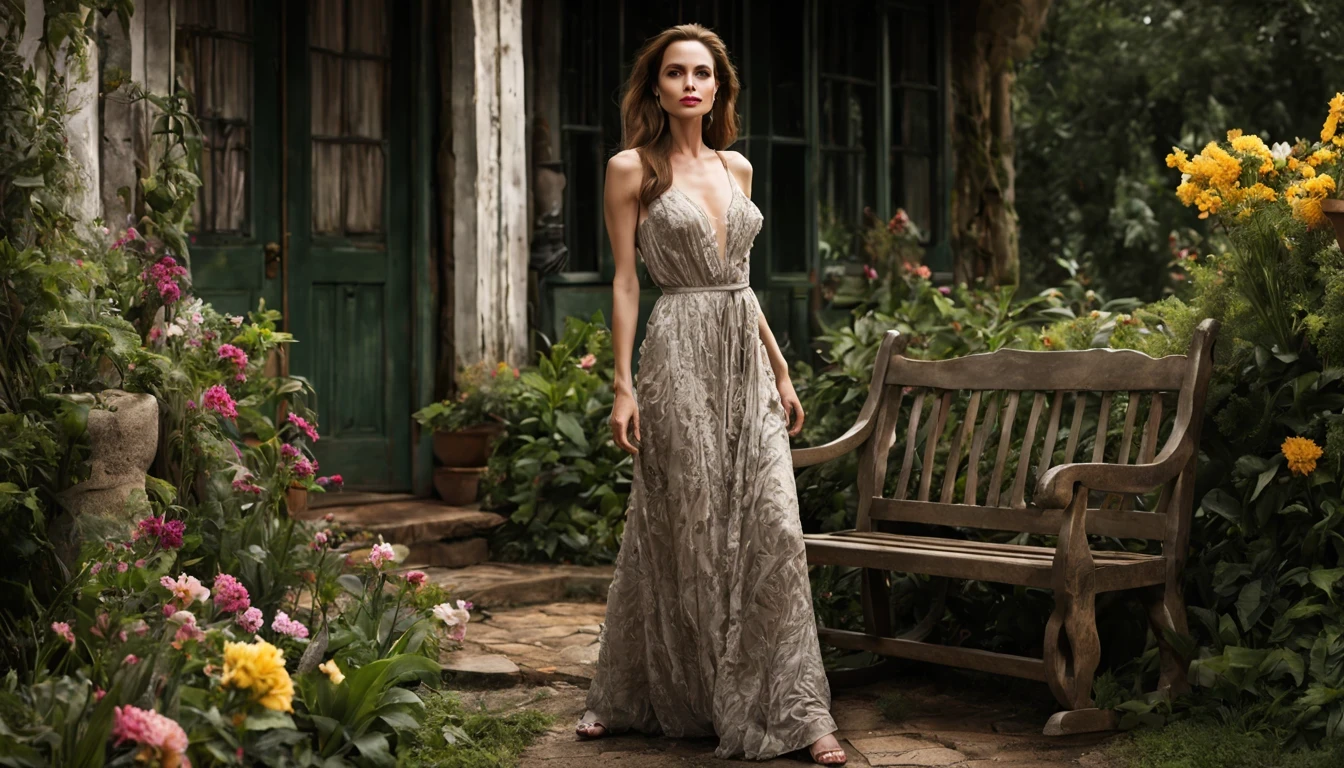 There is a pretty girl "Angelina Jolie", em um vestido prata longo e detalhado, num Jardim de borboletas, canteiro florido com cogumelos e vinhas crescidas, caminho curvo de pedra que leva a um ((eccentric aged cottage with porch rocking bench)), ((Noite)), parede de fundo ao longo do horizonte com vinhas subindo, alto ((velho salgueiro com flores e vinhas caindo)), HIPER REALISTA, 4K rendering, realismo, alta qualidade, super realista, country house core
