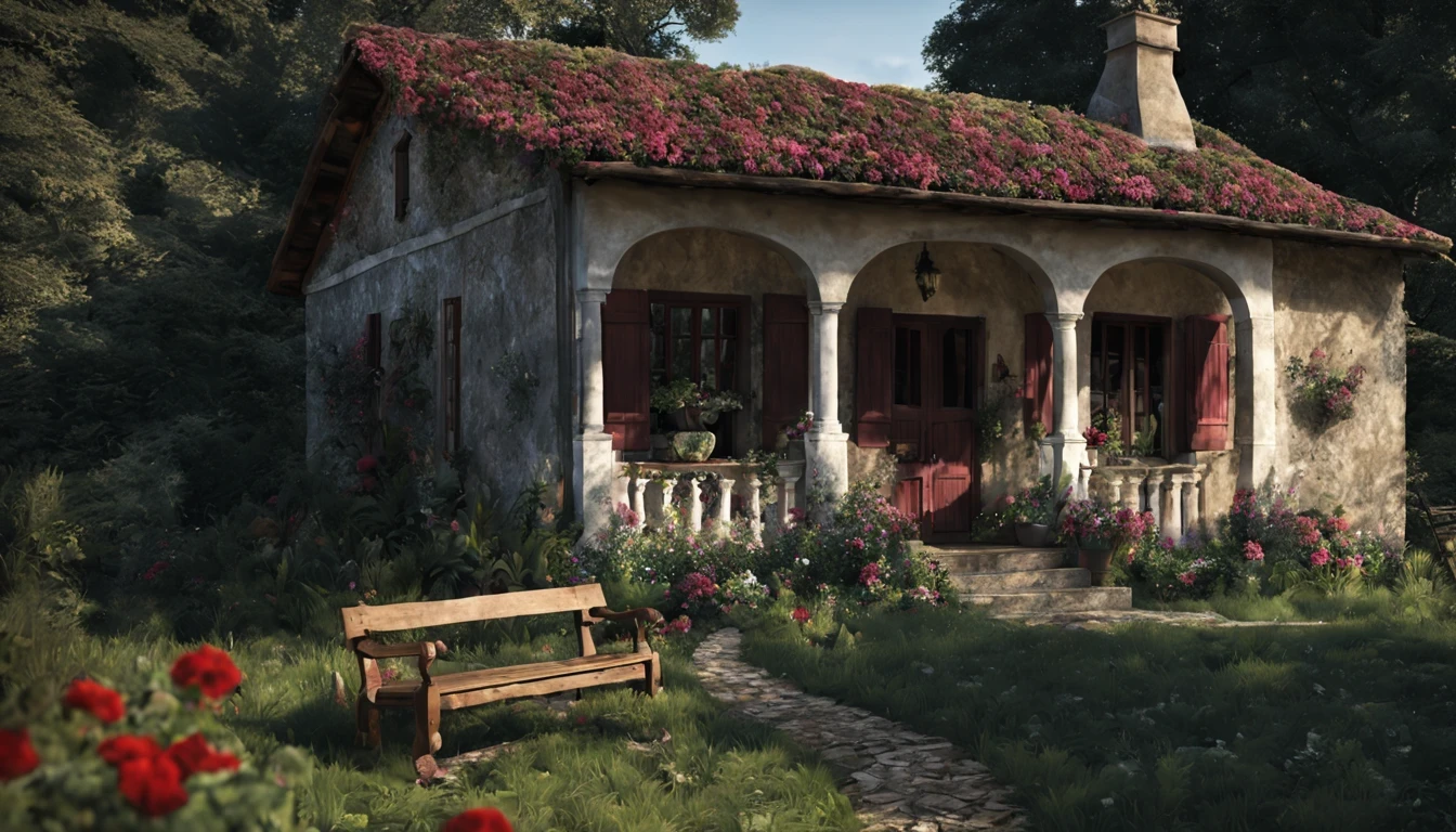 There is a pretty girl "Monica Bellucci", in a long, detailed burgundy dress, num Jardim de borboletas, canteiro florido com cogumelos e vinhas crescidas, caminho curvo de pedra que leva a um ((eccentric aged cottage with porch rocking bench)), ((Noite)), parede de fundo ao longo do horizonte com vinhas subindo, alto ((velho salgueiro com flores e vinhas caindo)), HIPER REALISTA, 4K rendering, realismo, alta qualidade, super realista, country house core
