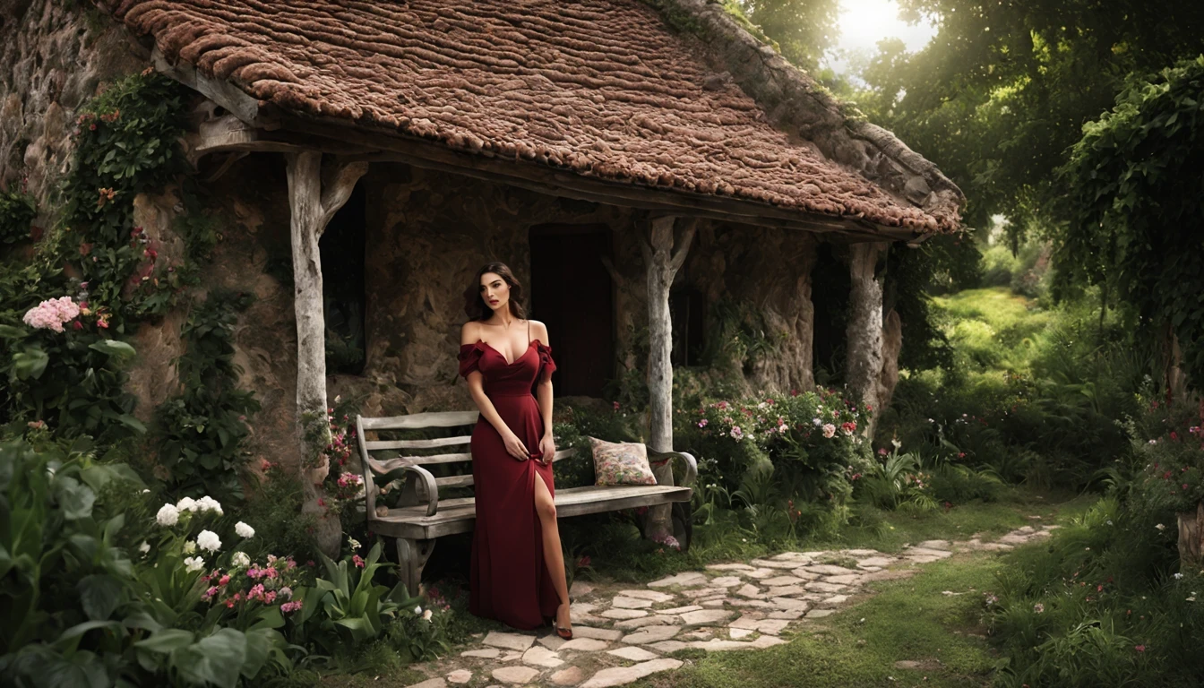There is a pretty girl "Monica Bellucci", in a long, detailed burgundy dress, num Jardim de borboletas, canteiro florido com cogumelos e vinhas crescidas, caminho curvo de pedra que leva a um ((eccentric aged cottage with porch rocking bench)), ((Noite)), parede de fundo ao longo do horizonte com vinhas subindo, alto ((velho salgueiro com flores e vinhas caindo)), HIPER REALISTA, 4K rendering, realismo, alta qualidade, super realista, country house core