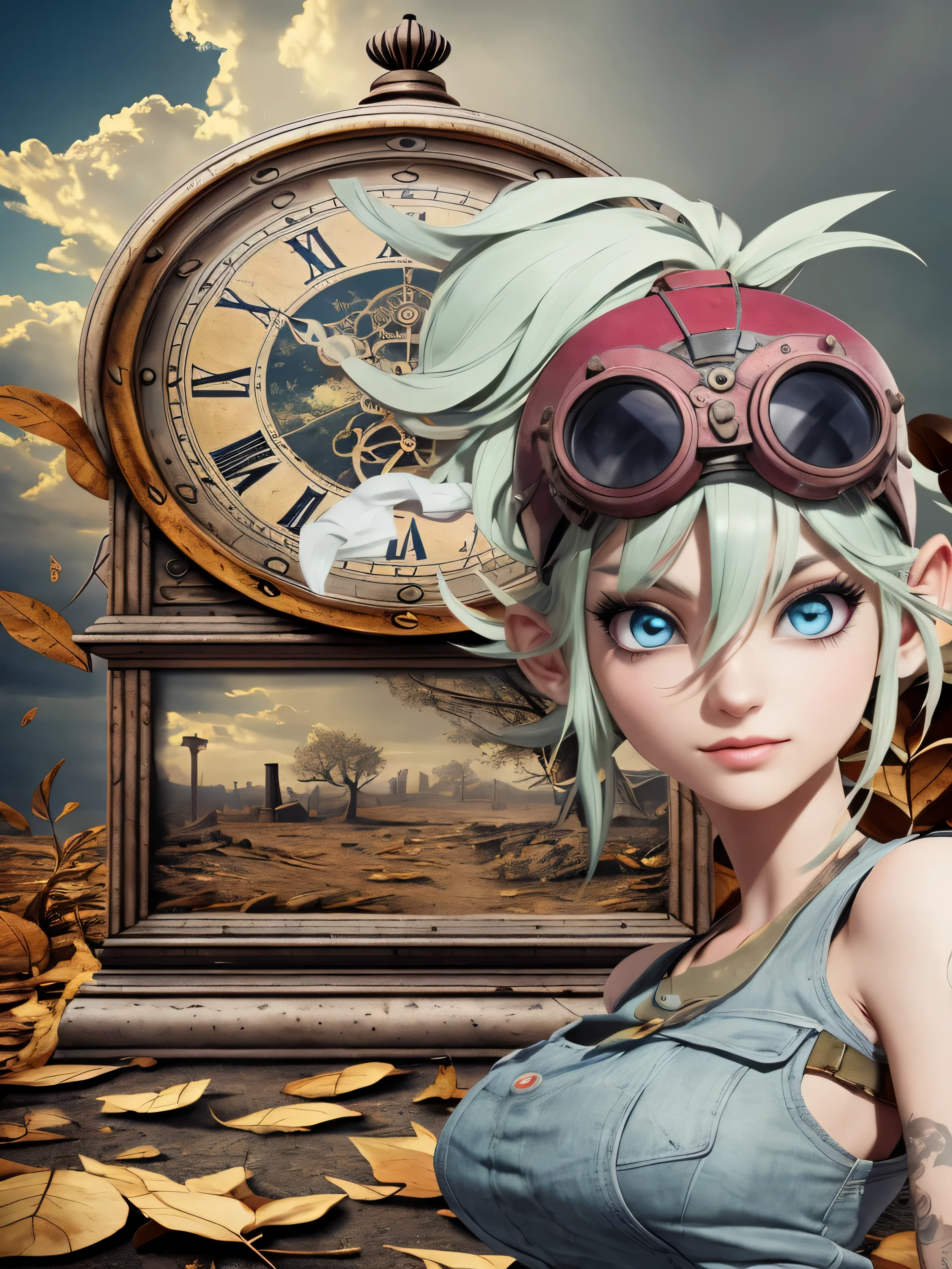 there  a woman with a clock and goggles on her head, digital steampunk art, clockpunk, steampunk digital art, steampunk beautiful anime woman, steampunk fantasy style, vivid steampunk concept, steampunk imagery themed, artgerm ; 3d unreal engine, set in a steampunk world, steampunk inventor girl, steampunk girl, goddess of time, clockwork steampunk, 3d rendered steampunk