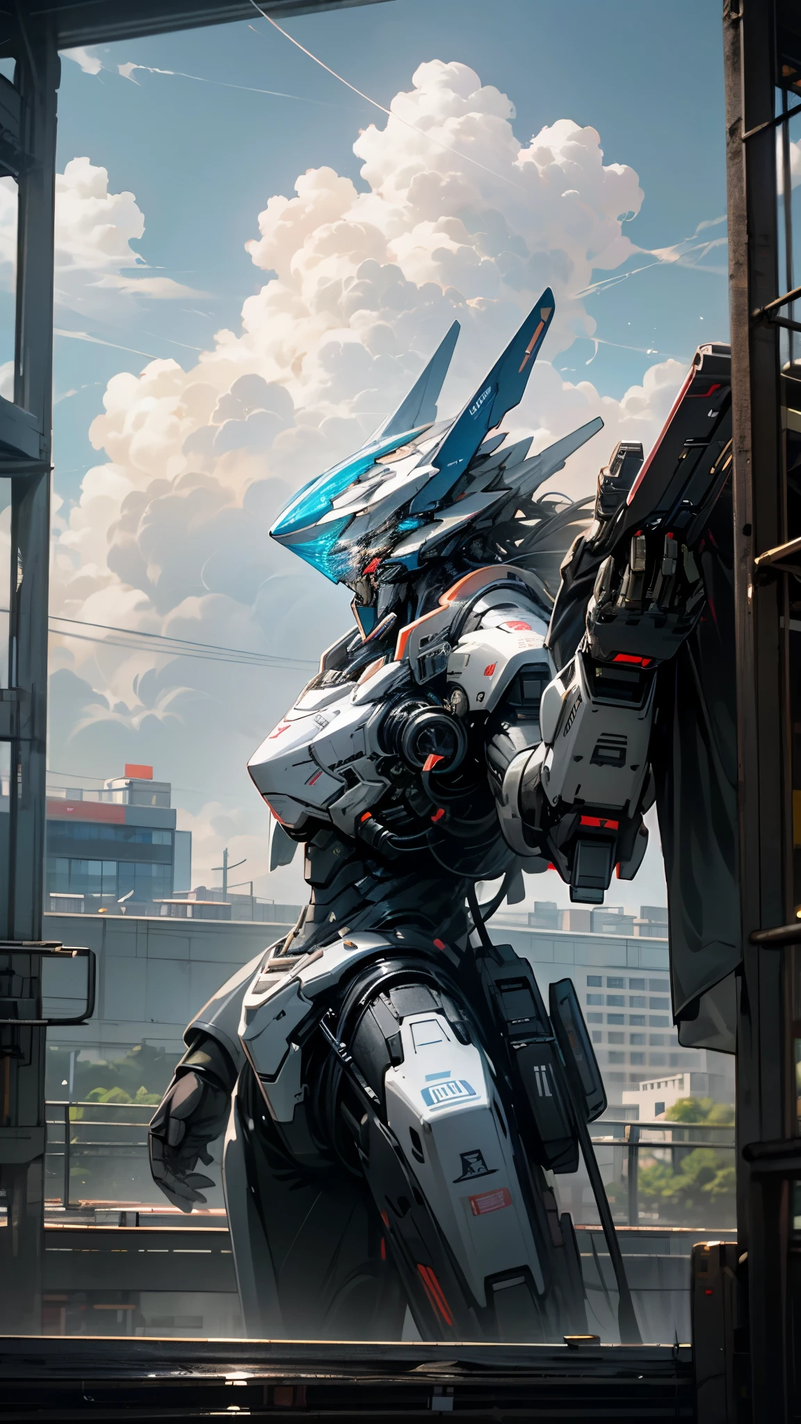 (UHD, retina, masterpiece, accurate, anatomically correct, textured skin, super detail, high details, high quality, best quality, high res, 1080P, HD, 4K, 8k, 16k), studio lighting, physically-based rendering, vivid colors, (glowing, robot, mecha, glowing_eyes, realistic_mecha, science_fiction), (sky, cloud, city, building, no_humans), (holding_weapon, front_view),