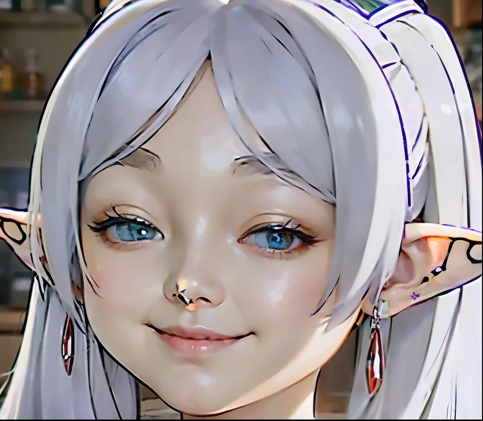 (Smirk:1.6),25 years old、Adult woman:1.1、green eyes:1.2、purple bottle、white clothes、silver eyebrows:1.3、high elf:1.2、elf ears、beautiful ears、silver hair:1.2、short eyebrows、twin tails、red earrings:1.2、detailed hair、movie writing、(best quality, 8K, 32K, muste piece, ticker:1.2)