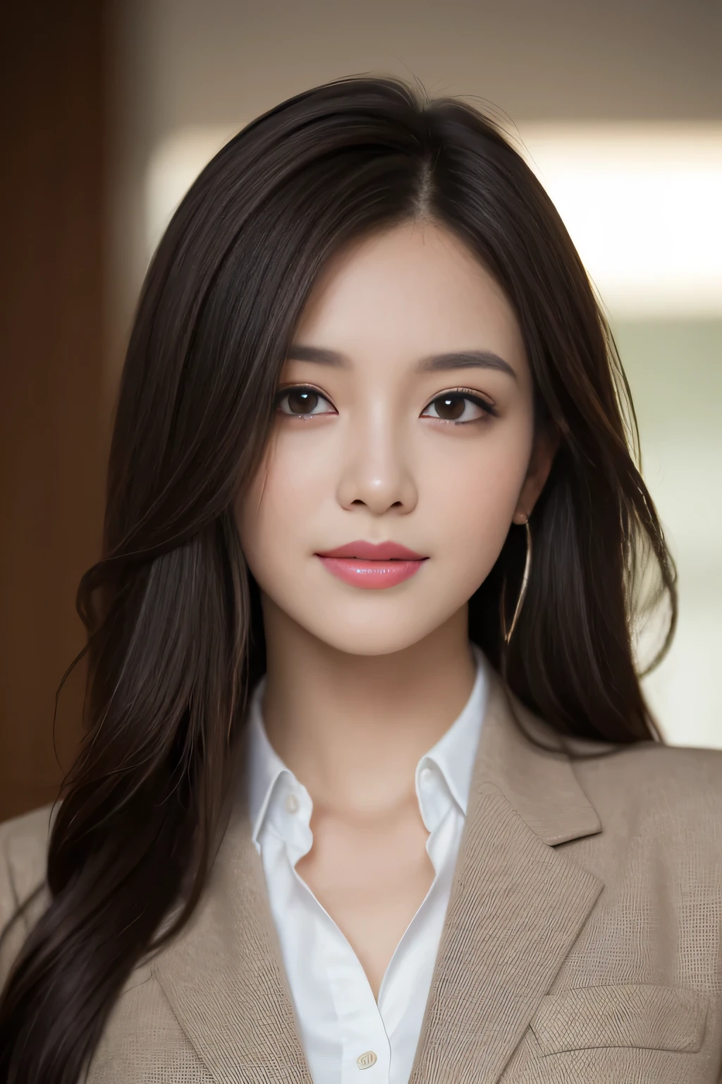 pieces fly, highest quality, realistic, Super detailed, finely, High resolution, 8K Dende Wallpaper, 1 beautiful woman,, light brown messy hair, wearing a business suit, sharp focus, perfect dynamic composition, beautiful and detailed eyes, fine hair, Detailed realistic skin texture, smile, close-up portrait, model body shape