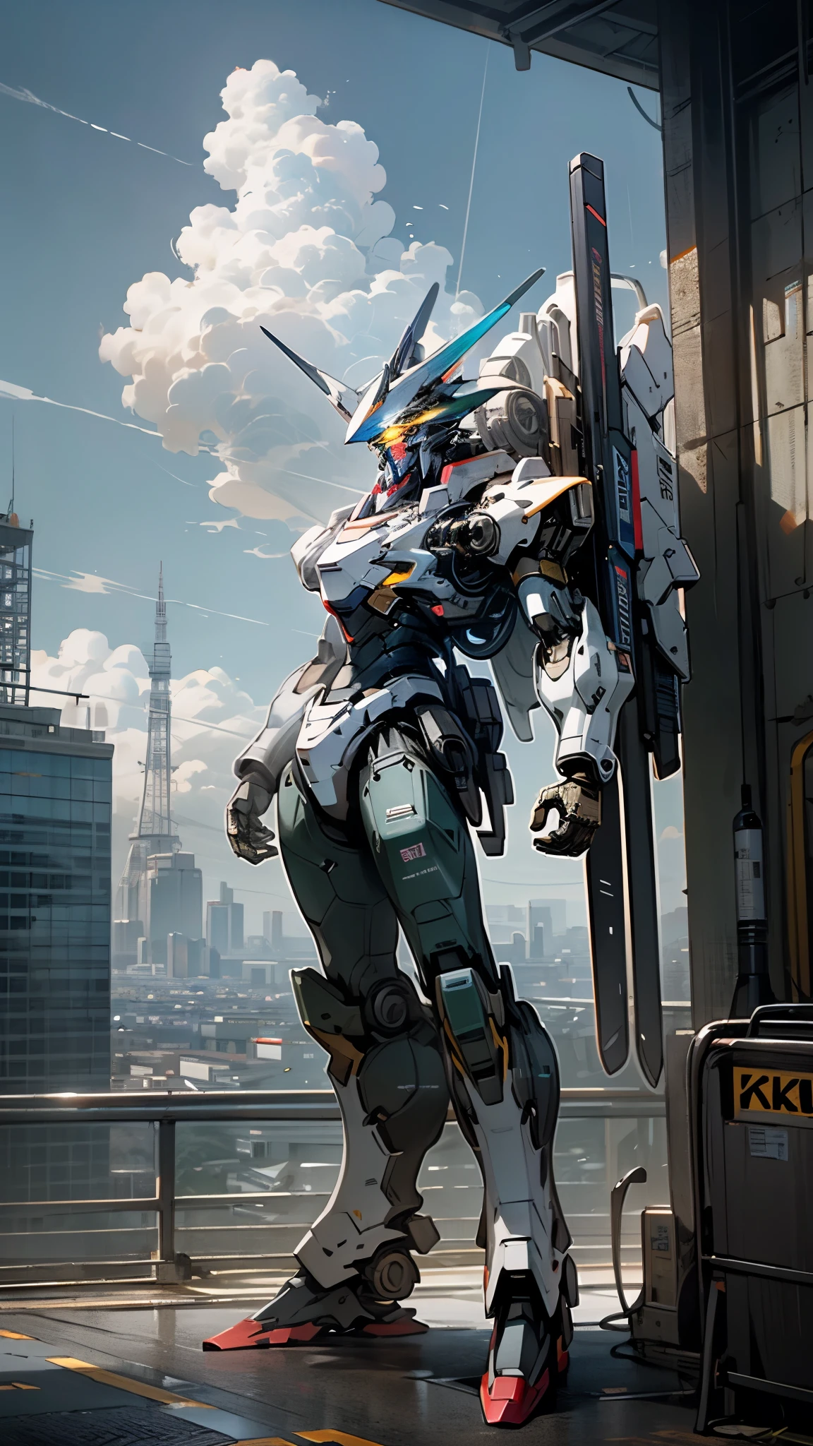 (UHD, retina, masterpiece, accurate, anatomically correct, textured skin, super detail, high details, high quality, best quality, high res, 1080P, HD, 4K, 8k, 16k), studio lighting, physically-based rendering, vivid colors, (glowing, robot, mecha, glowing_eyes, realistic_mecha, science_fiction), (sky, cloud, city, building, no_humans), (holding_weapon, front_view),