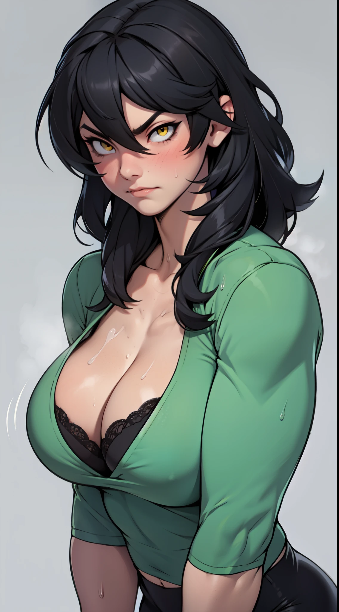 muscular yellow eyes pale skin girl sad cleavage blushing frown sweaty big breasts black hair perfect quality
